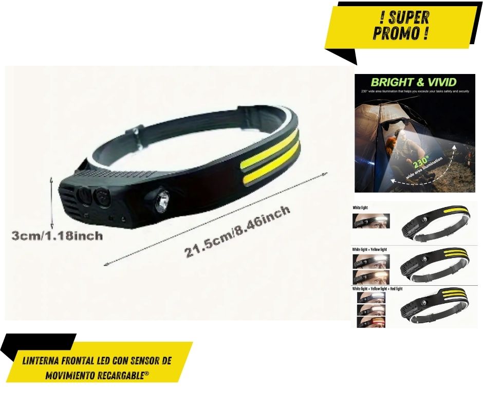 Linterna frontal LED con sensor de movimiento recargable®