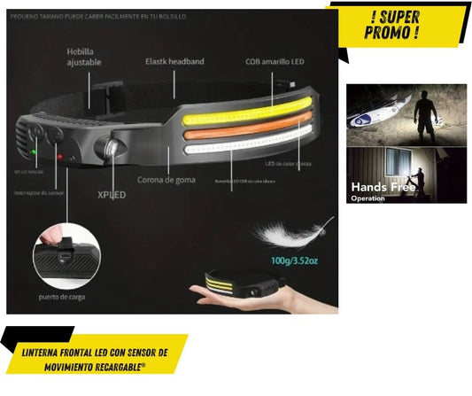 Linterna frontal LED con sensor de movimiento recargable®